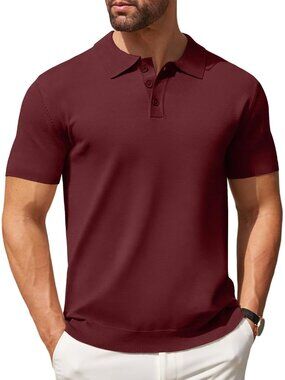 MensWine Red Knit Polo Shirts Casual Short Sleeve Button Down Golf Tee Classic